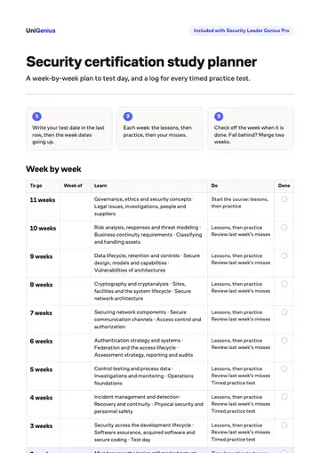 Page one of the Security certification study planner