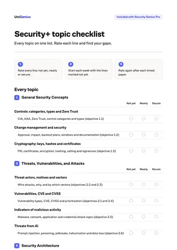 Page one of the Security+ topic checklist