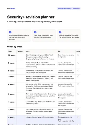 Page one of the Security+ revision planner