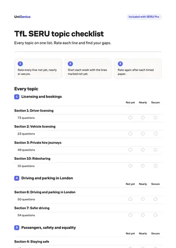 Page one of the TfL SERU topic checklist