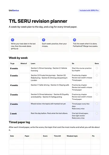 Page one of the TfL SERU revision planner