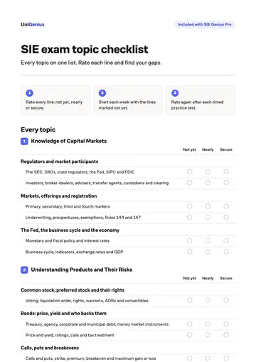 Page one of the SIE exam topic checklist