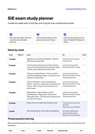Page one of the SIE exam study planner