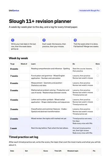 Page one of the Slough 11+ revision planner