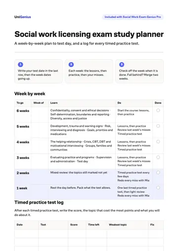 Page one of the Social work licensing exam study planner