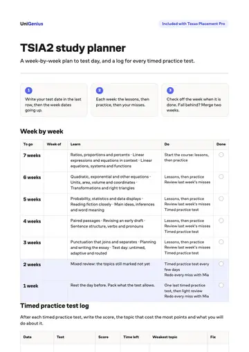 Page one of the TSIA2 study planner