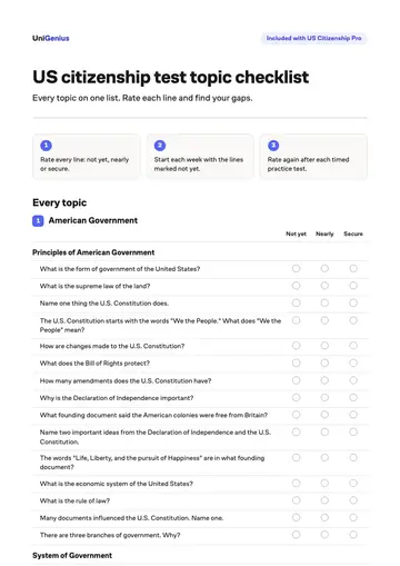 Page one of the US citizenship test topic checklist