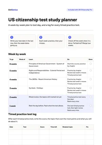 Page one of the US citizenship test study planner