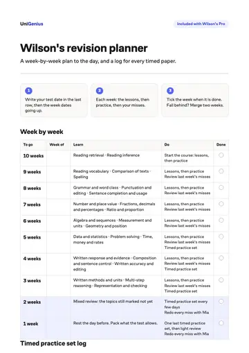Page one of the Wilson's revision planner
