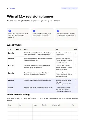 Page one of the Wirral 11+ revision planner
